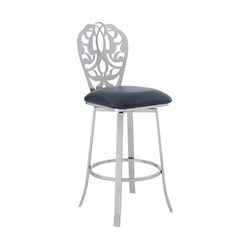 Cherie Contemporary 30" Height Bar Stool in Brushed Stainless Steel Finish and Grey Faux Leather 