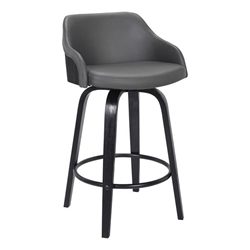 Alec Contemporary 26" Counter Height Swivel Bar Stool in Black Brush Wood Finish and Grey Faux Leather 