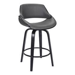 Mona Contemporary 26" Counter Height Swivel Bar Stool in Black Brush Wood Finish and Grey Faux Leather 