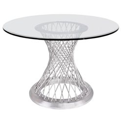 Calypso Contemporary Dining Table in Brushed Stainless Steel with Clear Tempered Glass Top 