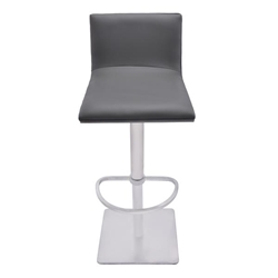 Crystal Adjustable Swivel Bar Stool in Gray Faux Leather with Brushed Stainless Steel Finish and Gray Walnut Veneer Back 