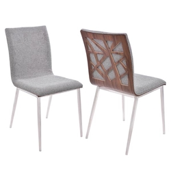 Crystal Dining Chair in Brushed Stainless Steel finish with Grey Fabric and Walnut Back - Set of 2 