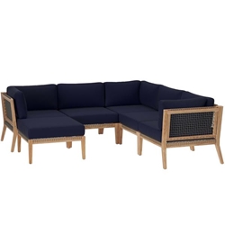 Clearwater Outdoor Patio Teak Wood 6-Piece Sectional Sofa - Gray Navy - Style B 