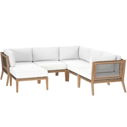 Clearwater Outdoor Patio Teak Wood 6-Piece Sectional Sofa - Gray White - Style C 