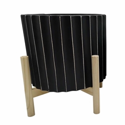 12" Ceramic Fluted Planter With Wood Stand - Black 