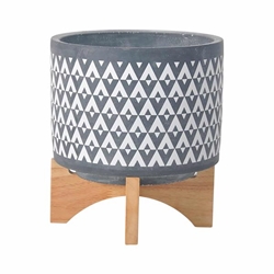 Ceramic 8" Aztec Planter On Wooden Stand - Gray 