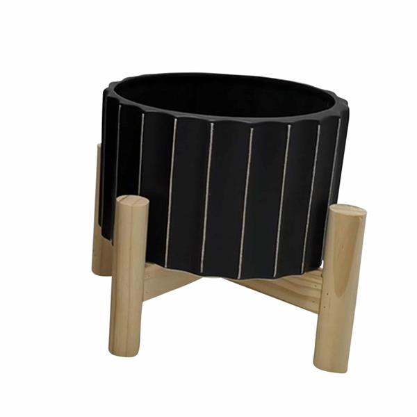 6" Ceramic Fluted Planter With Wood Stand - Black 