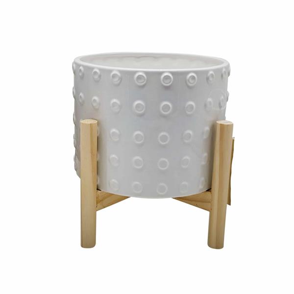 8" Ceramic Dotted Planter With Wood Stand - White 