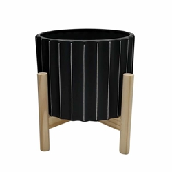 8" Ceramic Fluted Planter With Wood Stand - Black 