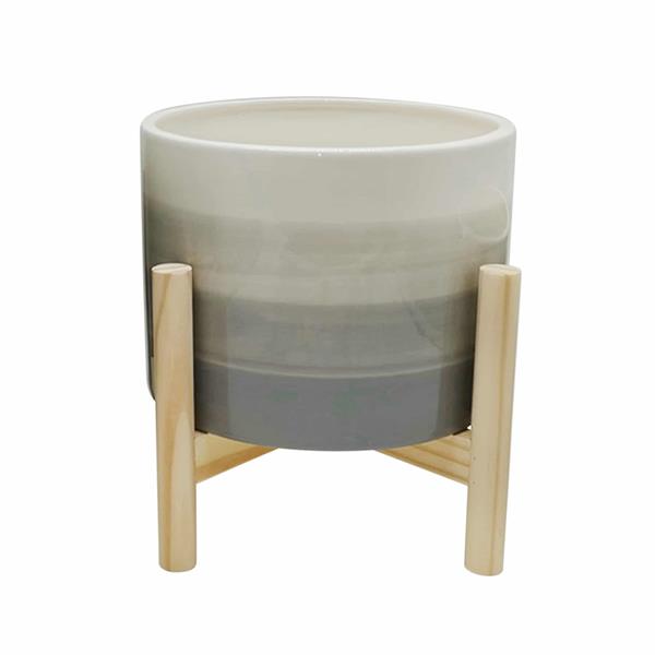 8" Ceramic Planter With Wood Stand - Beige Mix 