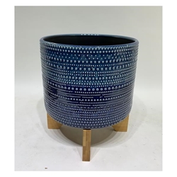 8"H Dotted Planter With Wood Stand - Blue 