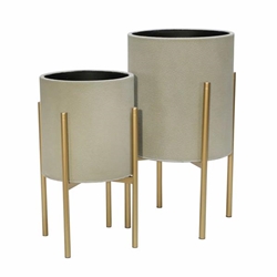 Set of 2 Planter On Metal Stand - Putty & Gld 