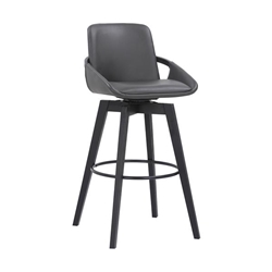 Baylor Swivel Wood Bar Stool in Faux Leather - Grey 