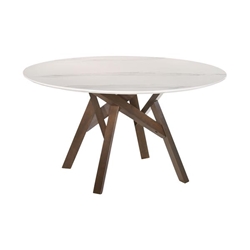 Venus 54" Round Mid-Century Modern White Marble Dining Table with Walnut Wood Legs 