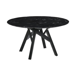 Venus 54" Round Mid-Century Modern Black Marble Dining Table with Black Wood Legs 