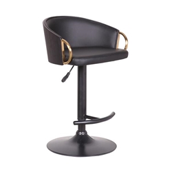 Solstice Adjustable Black Faux Leather Swivel Barrstool With Black Powder Coated Finish and Gold Accents 