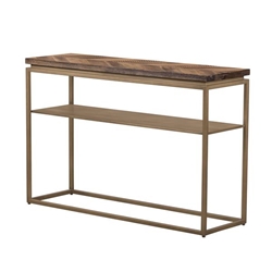 Faye Rustic Brown Wood Console Table with Shelf and Antique Brass Metal Base 