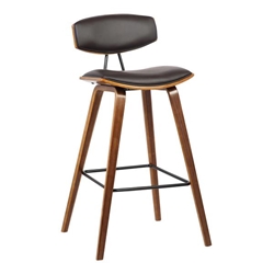 Fox 30" Mid-Century Bar Height Bar Stool in Brown Faux Leather with Walnut Wood 