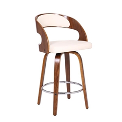 Shelly Contemporary 26" Counter Height Swivel Bar Stool in Walnut Wood Finish and Cream Faux Leather 