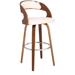 Shelly Contemporary 30" Height Swivel Bar Stool in Walnut Wood Finish and Cream Faux Leather 