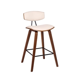 Fox 26" Mid-Century Counter Height Bar Stool in Cream Faux Leather with Walnut Wood 