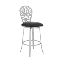 Cherie Contemporary 26" Counter Height Bar Stool in Brushed Stainless Steel Finish and Black Faux Leather 