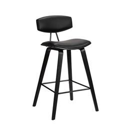 Fox 30" Mid-Century Bar Height Bar Stool in Black Faux Leather with Black Brushed Wood 
