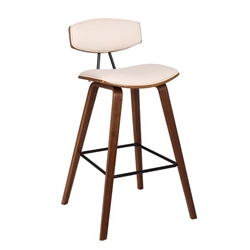 Fox 30" Mid-Century Bar Height Bar Stool in Cream Faux Leather with Walnut Wood 