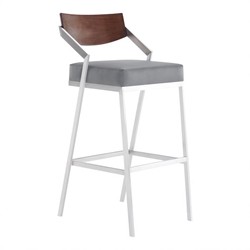 Dakota Mid-Century 30" Counter Height Bar Stool in Brushed Stainless Steel with Grey Faux Leather and Walnut Wood Finish Back 
