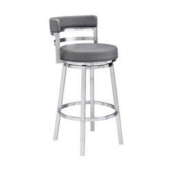 Madrid Contemporary 30" Height Bar Stool in Brushed Stainless Steel Finish and Grey Faux Leather 