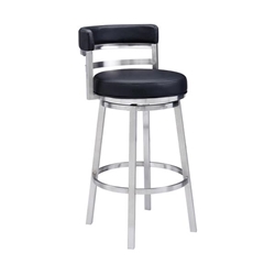 Madrid Contemporary 30" Height Bar Stool in Brushed Stainless Steel Finish and Black Faux Leather 