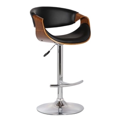 Butterfly Adjustable Swivel Bar Stool in Black Faux Leather with Chrome Finish and Walnut Wood 