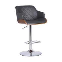 Toby Contemporary Adjustable Bar Stool in Chrome Finish with Grey Faux Leather and Walnut Finish 