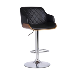 Toby Contemporary Adjustable Bar Stool in Chrome Finish with Black Faux Leather and Walnut Finish 