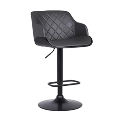 Toby Contemporary Adjustable Bar Stool in Black Powder Coated Finish with Grey Faux Leather and Black Brushed Wood Finish 