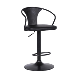 Eagle Contemporary Adjustable Bar Stool in Black Powder Coated Finish with Black Faux Leather and Black Brushed Wood Finish Back 