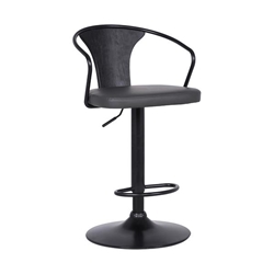 Eagle Contemporary Adjustable Bar Stool in Black Powder Coated Finish with Grey Faux Leather and Black Brushed Wood Finish Back 