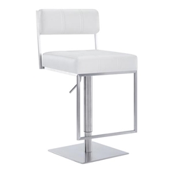 Michele Contemporary Swivel Adjustable Bar Stool in Brushed Stainless Steel and White Faux Leather 