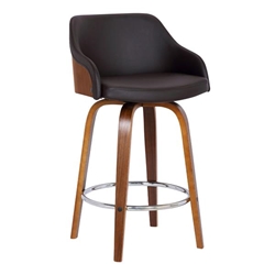 Alec Contemporary 26" Counter Height Swivel Bar Stool in Walnut Wood Finish and Brown Faux Leather 