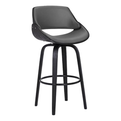 Mona Contemporary 30" Bar Height Swivel Bar Stool in Black Brush Wood Finish and Grey Faux Leather 