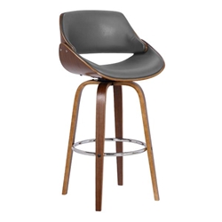 Mona Contemporary 26" Counter Height Swivel Bar Stool in Walnut Wood Finish and Grey Faux Leather 