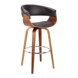 Julyssa 26" Mid-Century Swivel Counter Height Bar Stool in Brown Faux Leather with Walnut Wood 