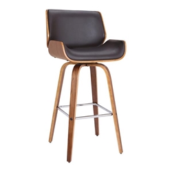 Tyler 26" Mid-Century Swivel Counter Height Bar Stool in Brown Faux Leather with Walnut Veneer 