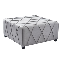 Gemini Contemporary Ottoman in Silver Linen with Piping Accents and Wood Legs 