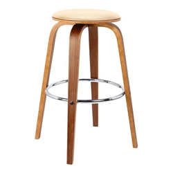 Harbor 26" Mid-Century Swivel Counter Height Backless Bar Stool in Cream Faux Leather with Walnut Veneer 