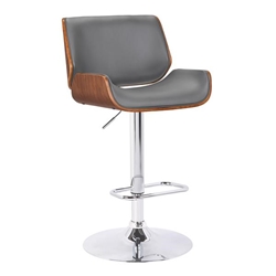 London Contemporary Swivel Adjustable Bar Stool in Grey Faux Leather with Chrome and Walnut Wood 