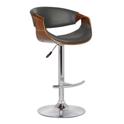 Butterfly Adjustable Swivel Bar Stool in Gray Faux Leather with Chrome Finish and Walnut Wood 