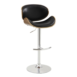 Naples Swivel Adjustable Bar Stool in Chrome finish with Black Faux Leather and Walnut Veneer Back 