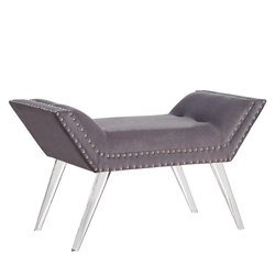 Silas Ottoman Bench in Gray Tufted Velvet with Nailhead Trim and Acrylic Legs 