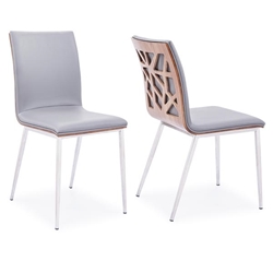 Crystal Dining Chair in Brushed Stainless Steel finish with Grey Faux Leather and Walnut Back - Set of 2 